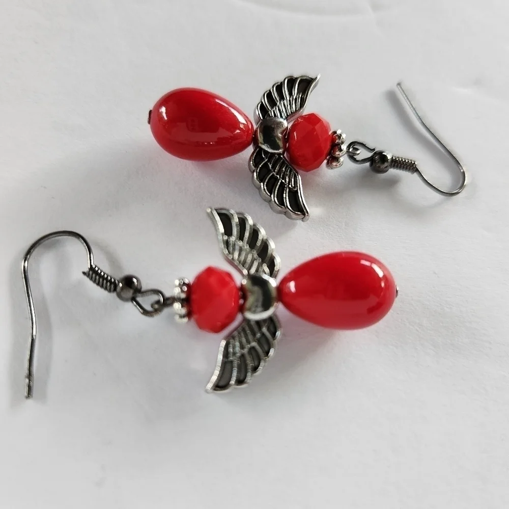 Hand Crafted Angel Earrings Red Silver Pierced Ears